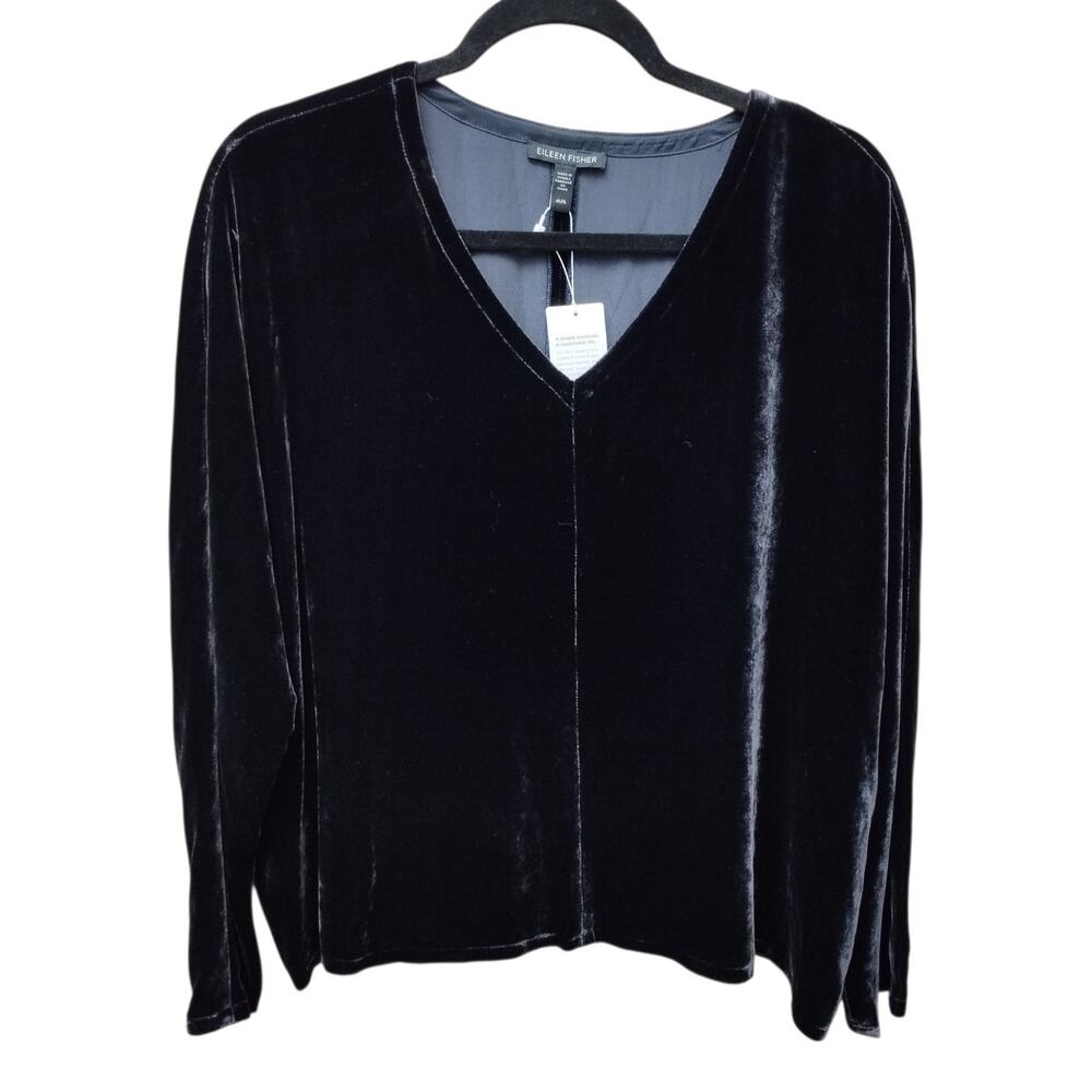 Eileen Fisher Womens Silk Blend Dolman Sleeve Velvet Top Medium Oversized Blue